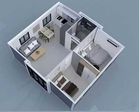 Vista 3D de la distribución de la M-20: salón con cocina americana, dos dormitorios y baño