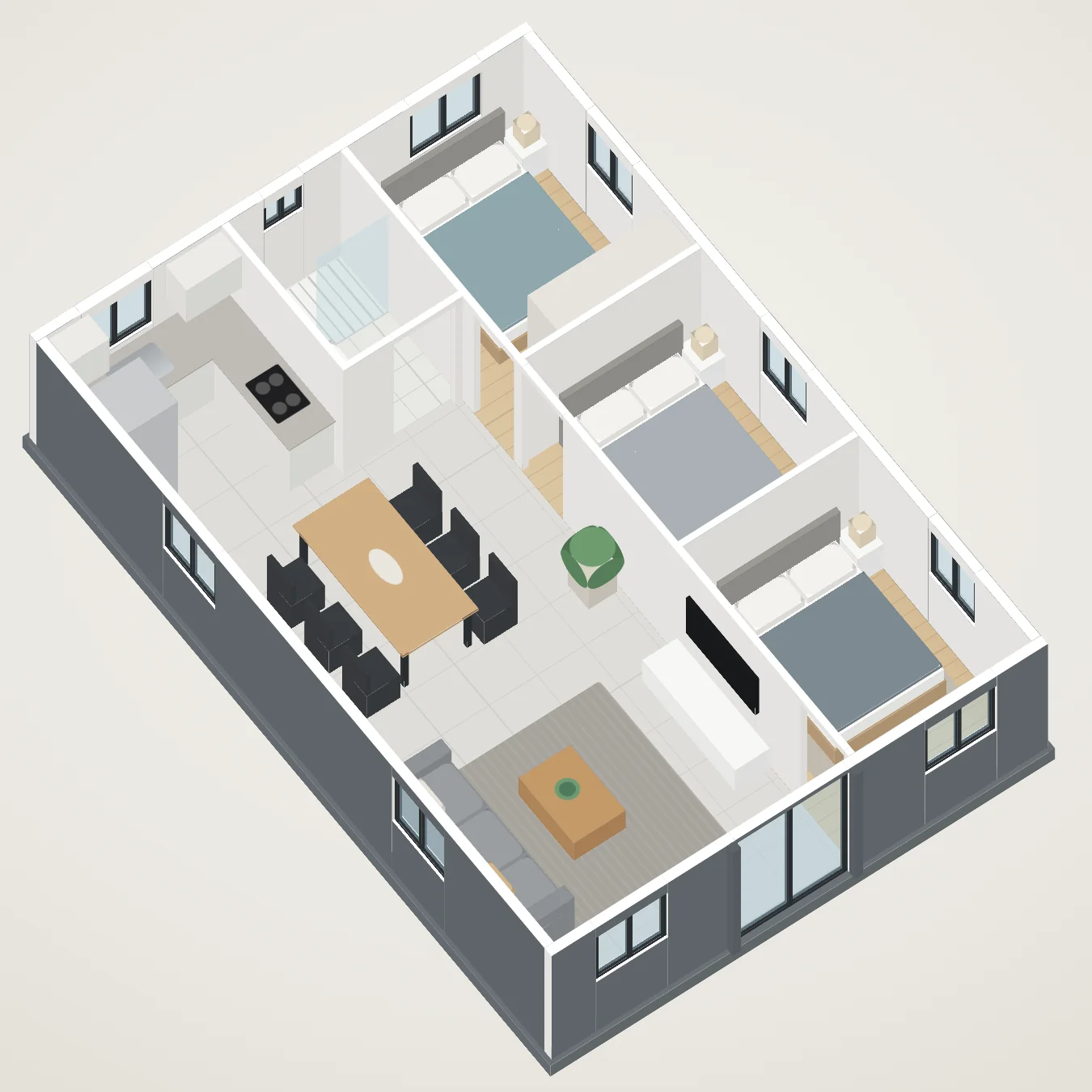 Vista 3D de la distribución de la M-30: salón-comedor con cocina americana, baño y tres dormitorios
