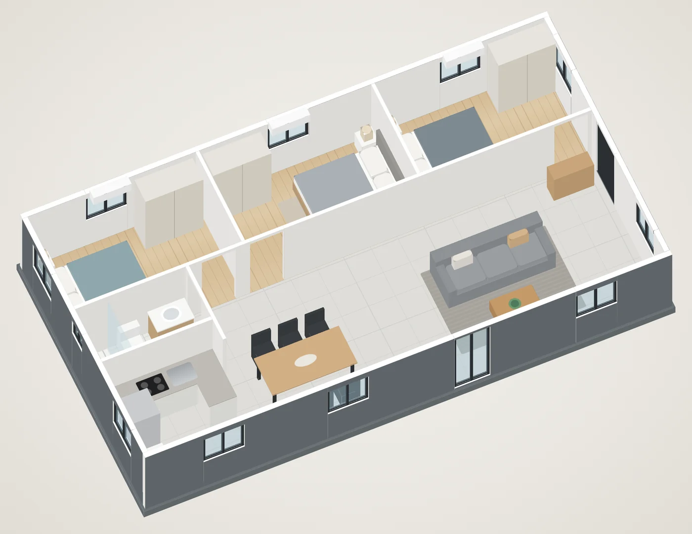 Vista 3D de la distribución de la M-40: salón con cocina americana, cuatro dormitorios y baño