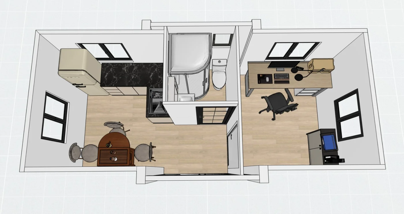 Vista 3D de la distribución de la M-5: zona de día con cocina americana, baño y dormitorio independiente